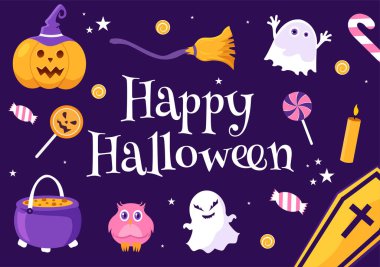 Happy Halloween Template Background Hand Drawn Cartoon Flat Illustration with Pumpkins, Bats and Dark Castle on Full Moon For Add Your Design Style