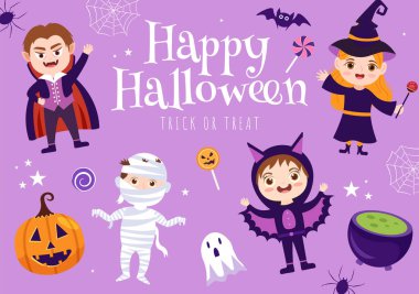 Happy Halloween Template Background Hand Drawn Cartoon Flat Illustration with Children Wearing Various Costumes, Haunted House, Pumpkins, Bats and Full Moon