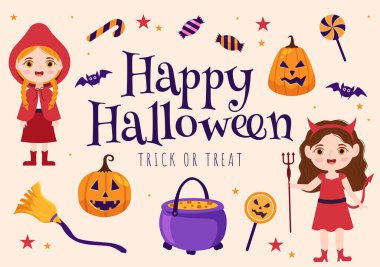Happy Halloween Template Background Hand Drawn Cartoon Flat Illustration with Children Wearing Various Costumes, Haunted House, Pumpkins, Bats and Full Moon