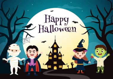 Happy Halloween Template Background Hand Drawn Cartoon Flat Illustration with Children Wearing Various Costumes, Haunted House, Pumpkins, Bats and Full Moon