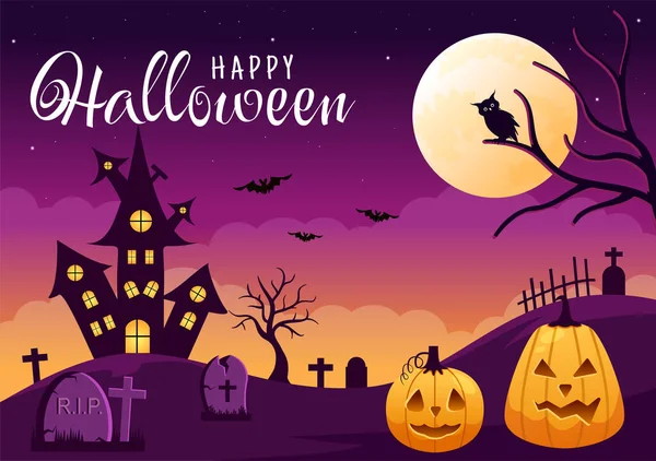 Happy Halloween Template Background Hand Drawn Cartoon Flat Illustration Pumpkins — Vector de stock