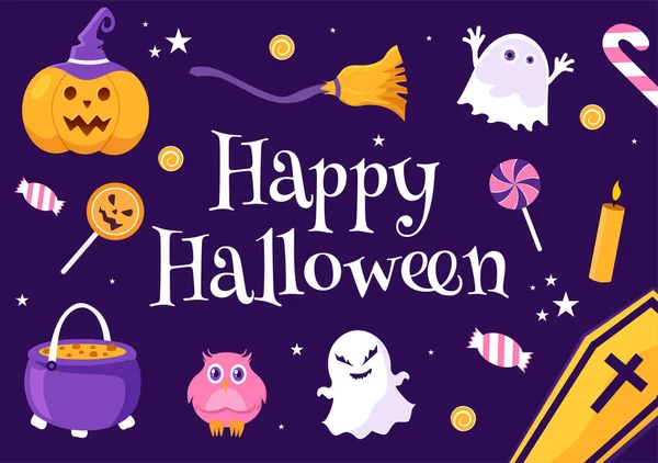 Happy Halloween Template Background Hand Drawn Cartoon Flat Illustration with Pumpkins, Bats and Dark Castle on Full Moon For Add Your Design Style