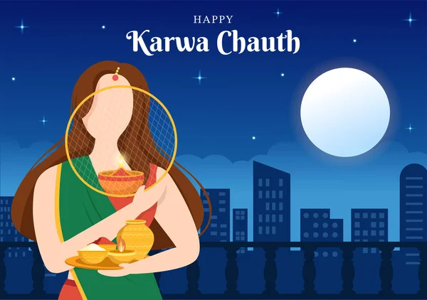 Karwa Chauth Festival Indian Background Template Hand Drawn Cartoon Flat — Vector de stock
