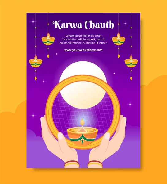 Karwa Chauth Festival Indian Poster Template Hand Drawn Cartoon Flat — Vector de stock