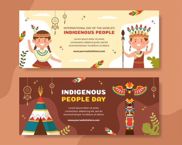 World Indigenous Peoples Day Horizontal Banner Template Hand Drawn Cartoon — Stock vektor