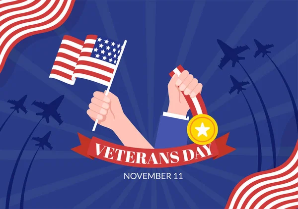 Veterans Day November Template Hand Drawn Cartoon Flat Illustration Usa — Vector de stock