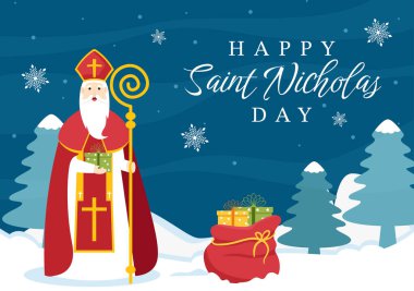 Saint Nicholas Day or Sinterklaas Celebration Template Hand Drawn Cartoon Flat Illustration with Gift Box and Winter Background Design