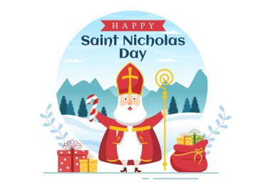 Saint Nicholas Day or Sinterklaas Celebration Template Hand Drawn Cartoon Flat Illustration with Gift Box and Winter Background Design