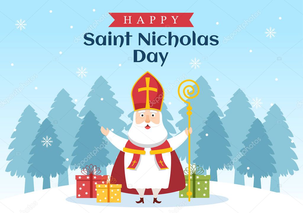 Saint Nicholas Day or Sinterklaas Celebration Template Hand Drawn Cartoon Flat Illustration with Gift Box and Winter Background Design