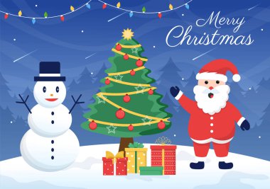 Merry Christmas and Happy New Year Template Hand Drawn Cartoon Flat Background Illustration with with People Celebrating, Snowman and Winter Landscape