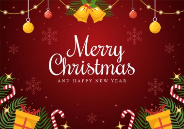 Merry Christmas and Happy New Year Template Hand Drawn Cartoon Flat Background Illustration with Snowflakes, Bells, Tree, Gift and Decorations Design