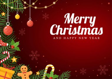 Merry Christmas and Happy New Year Template Hand Drawn Cartoon Flat Background Illustration with Snowflakes, Bells, Tree, Gift and Decorations Design