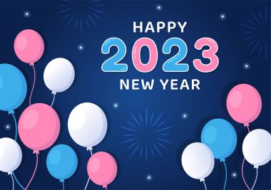 Happy New Year 2023 Celebration Template Hand Drawn Cartoon Flat Background Illustration with Fireworks, Ribbons and Confetti Design