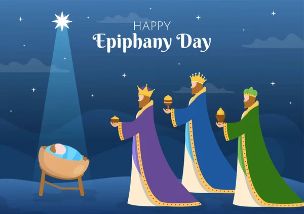 Happy Epiphany Day Template Hand Drawn Cartoon Flat Illustration Christian —  Vetores de Stock