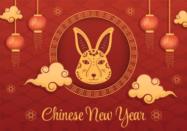 Chinese Lunar New Year 2023 Day of the Rabbit Zodiac Sign Template Hand Drawn Cartoon Flat Illustration with Flower, Lantern and Red Color Background
