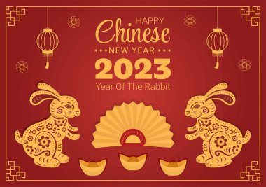 Chinese Lunar New Year 2023 Day of the Rabbit Zodiac Sign Template Hand Drawn Cartoon Flat Illustration with Flower, Lantern and Red Color Background
