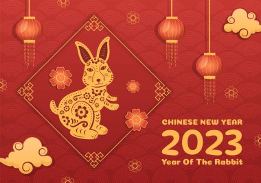 Chinese Lunar New Year 2023 Day of the Rabbit Zodiac Sign Template Hand Drawn Cartoon Flat Illustration with Flower, Lantern and Red Color Background