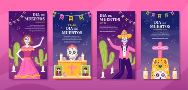 Dia De Los Muertos or Day of the Dead Social Media Stories Template Hand Drawn Cartoon Illustration