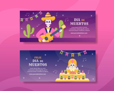 Dia De Los Muertos or Day of the Dead Horizontal Banner Template Hand Drawn Cartoon Illustration