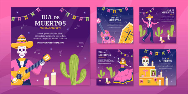 Dia De Los Muertos or Day of the Dead Social Media Post Template Hand Drawn Cartoon Illustration