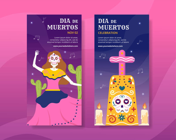 Dia De Los Muertos or Day of the Dead Vertical Banner Template Hand Drawn Cartoon Illustration