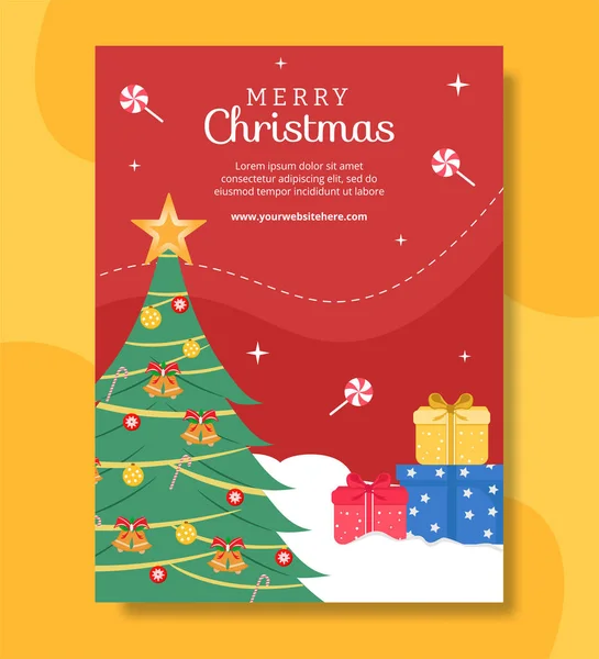 Merry Christmas Poster Template Hand Drawn Cartoon Flat Illustration — стоковый вектор