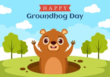Happy Groundhog Day on February 2 with Cute Marmot Character and Garden Background Template Hand Drawn Cartoon Flat Illustration