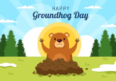 Happy Groundhog Day on February 2 with Cute Marmot Character and Garden Background Template Hand Drawn Cartoon Flat Illustration