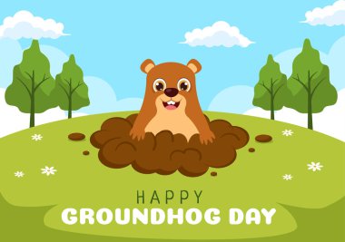 Happy Groundhog Day on February 2 with Cute Marmot Character and Garden Background Template Hand Drawn Cartoon Flat Illustration