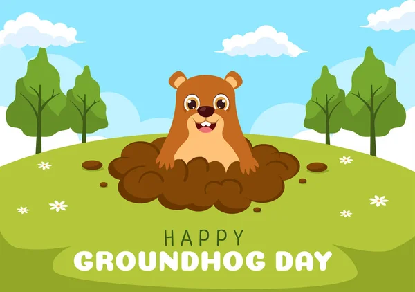 Happy Groundhog Day February Cute Marmot Character Garden Background Template — Archivo Imágenes Vectoriales