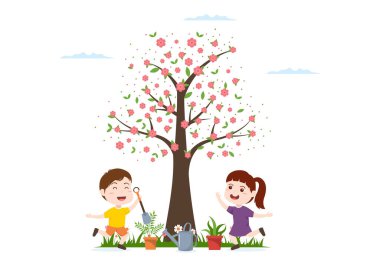Tu BiShvat Template Hand Drawn Cartoon Flat Illustration Blooming tree with Objects of Seven Species of Fruits on White background Design