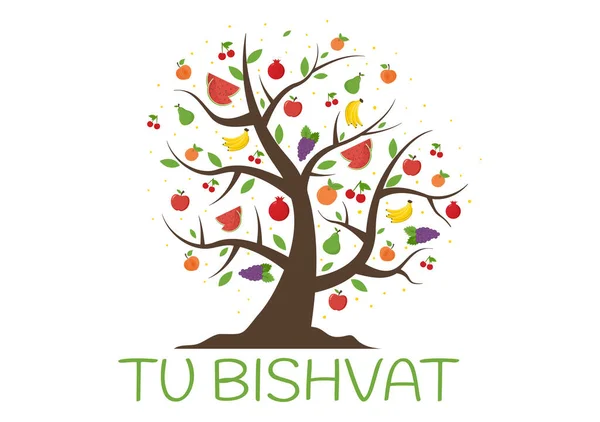 Bishvat Template Hand Drawn Cartoon Flat Illustration Blooming Tree Objects — Stok Vektör