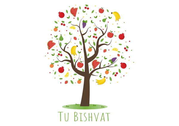 Bishvat Template Hand Drawn Cartoon Flat Illustration Blooming Tree Objects — Vector de stock