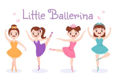 Şirin Küçük Balerin Şablonu Çizilmiş Çizgi Film Çizimi Kadın Dans Sahne Tasarımı Üzerine Tutu Kostümleri Giyiyor