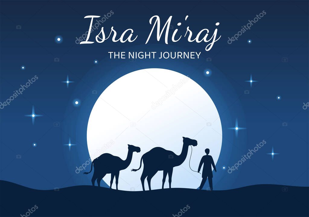 Happy Isra Miraj Nabi Muhammad SAW Template Hand Drawn Cartoon Flat Illustration Suitable for Greeting Card, Poster and Banner