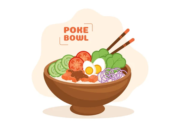 Hawaiian Dish Poke Bowl Food Template Hand Drawn Cartoon Flat — Διανυσματικό Αρχείο