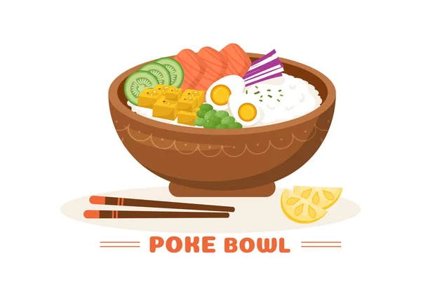 ハワイ料理ポークボウルフードテンプレート手描き漫画米とフラットイラスト マグロ 新鮮な魚 卵と野菜のデザイン — ストックベクタ