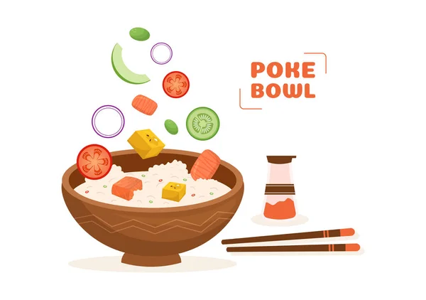 Hawaiian Dish Poke Bowl Food Template Hand Drawn Cartoon Flat — Διανυσματικό Αρχείο