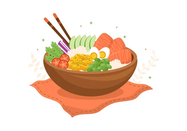 Hawaiianische Tellerschale Lebensmittelvorlage Handgezeichnete Cartoon Flache Illustration Mit Reis Thunfisch — Stockvektor