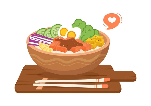 Hawaiian Dish Poke Bowl Food Template Hand Drawn Cartoon Flat — Διανυσματικό Αρχείο