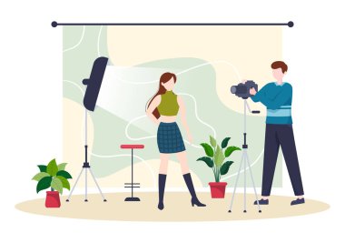 Profesyonel Modellik Şablonu Çizilmiş Çizim Çizimi Fotoğrafçıyla Bir Poz Modeli Tasarımı Fotoğrafı Çekiyor