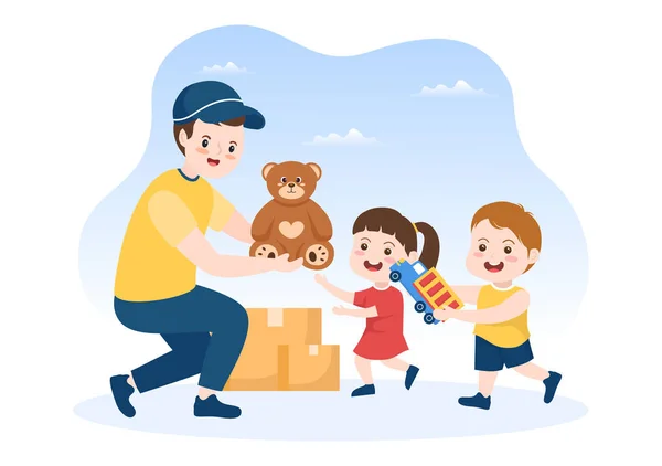 Caixa Doação Papelão Contendo Brinquedos Para Crianças Assistência Social Voluntariado — Vetor de Stock