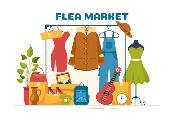 Flohmarkt Vorlage Handgezeichnete Cartoon Flache Illustration Second Hand Shop Mit — Stockvektor