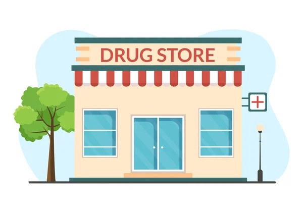 Drug Store Sablon Kézzel Rajzolt Rajzfilm Lapos Illusztráció Shop Eladó — Stock Vector