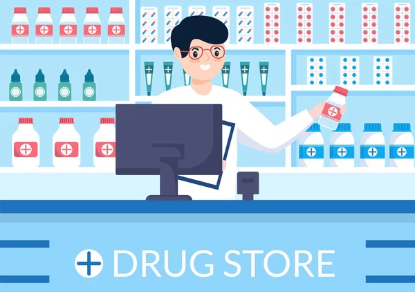 Drug Store Szablon Ręcznie Rysowane Kreskówki Płaskie Ilustracji Sklep Sprzedaż — Wektor stockowy