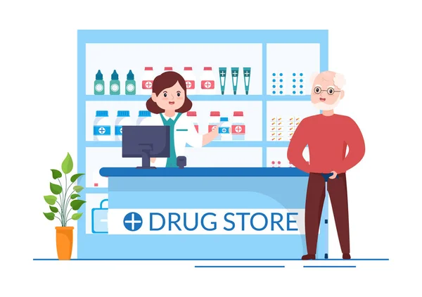 Drug Store Template Handgezeichneter Cartoon Flache Illustration Shop Für Den — Stockvektor