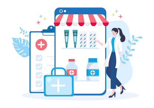 Drug Store Template Handgetrokken Cartoon Flat Illustration Shop Voor Verkoop — Stockvector