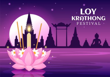 Loy Krathong Festivali Tayland Şablon El Şablonu Fenerleri ve Krathongların Su Tasarımı Üzerine Yüzdüğü Çizgi Film Çizimi Kutlaması