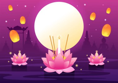 Loy Krathong Festivali Tayland Şablon El Şablonu Fenerleri ve Krathongların Su Tasarımı Üzerine Yüzdüğü Çizgi Film Çizimi Kutlaması