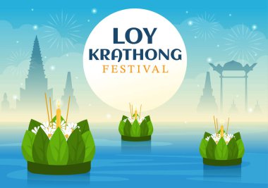 Loy Krathong Festivali Tayland Şablon El Şablonu Fenerleri ve Krathongların Su Tasarımı Üzerine Yüzdüğü Çizgi Film Çizimi Kutlaması